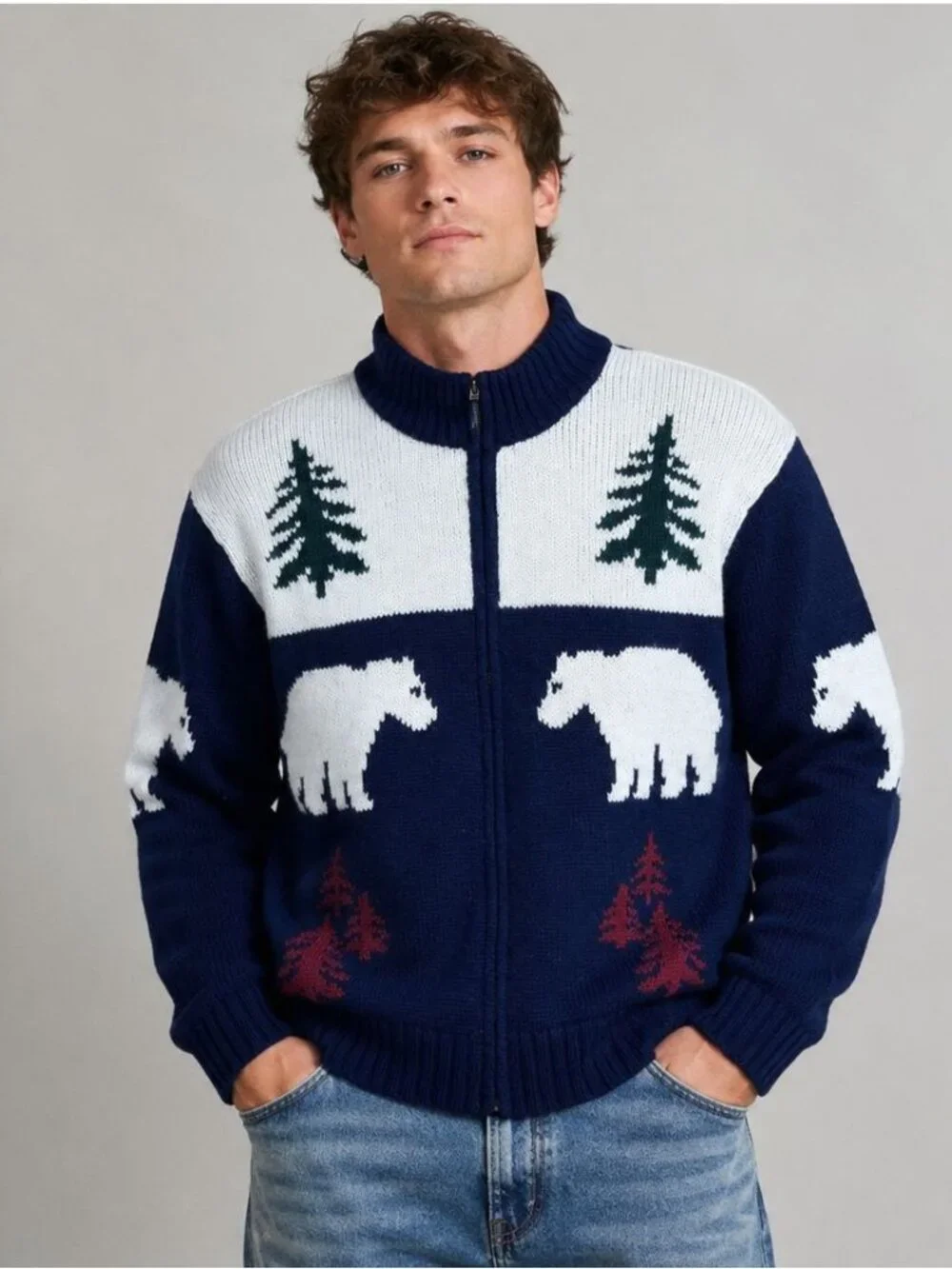 Vintage 90s Lands’ End Mens Wool Full Zip Sweater XL Nordic Bear Trees Navy Ivor